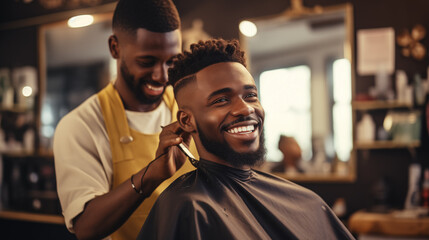 Barber giving a stylish haircut in his shop, African American, blurred background, with copy space - obrazy, fototapety, plakaty
