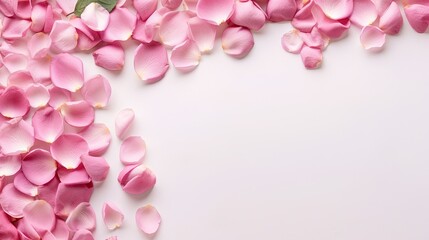  a white background with pink petals and a green leaf on top.  generative ai