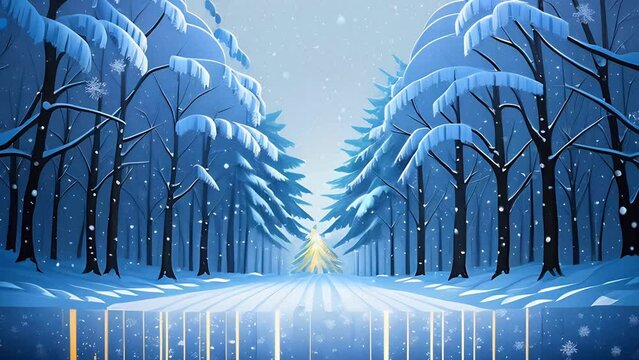 Winter forest is blanketed in snow, with tall trees casting long shadows under a soft, glowing light and gently falling snowflakes, seasonal holiday concept