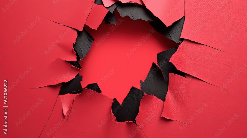 Poster a red wall with a hole in the middle of it. generative ai