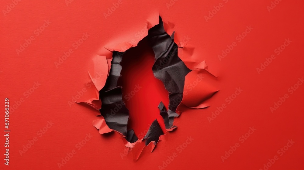 Poster a red wall with a hole in the middle of it. generative ai