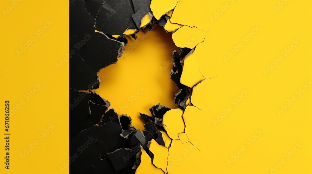 Poster a yellow and black background with a hole in the middle. generative ai