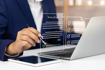 Terms of use business concept. Businessman Sign Terms of use and reading terms and conditions of website or service before clicking button accept or decline, online banking check budget planning.