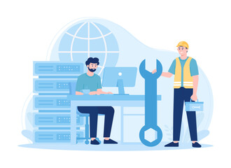 Engineers consolidate big data concept flat illustration