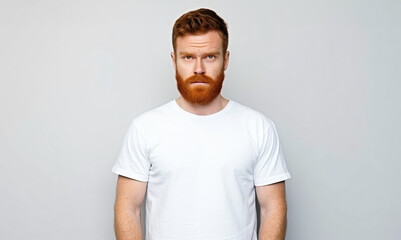 Horizontal shot of prosperous male enterpreneur with appealing look, thick ginger beard, has serious look at camera, listens attentively investors, wears casual t shirt, isolated on white wall - obrazy, fototapety, plakaty