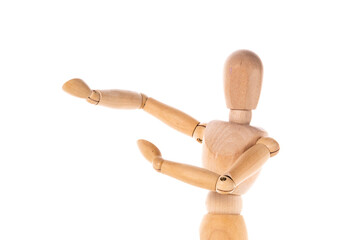 A wooden mannequin with its arms raised high in the air. This versatile image can be used to represent concepts such as freedom, celebration, or creativity.