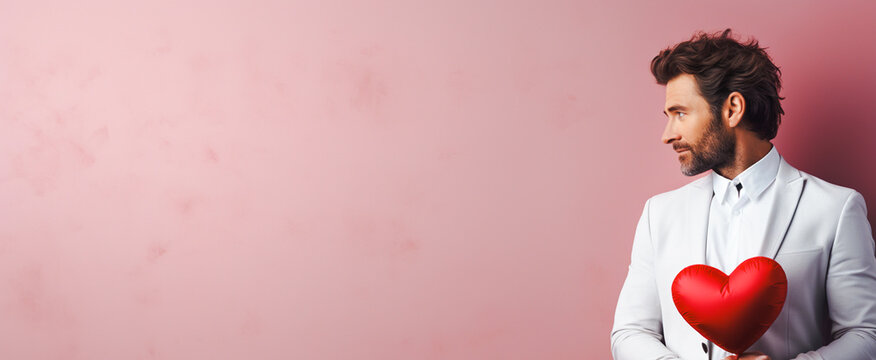 Handsome man in white suit with red heart on pink background. concept of Valentine's Day, For wedding photos, wedding cards valentine's day card or web design and web background. Generative ai