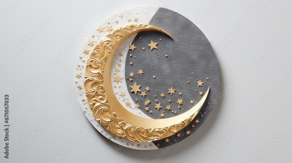 Poster a crescent with stars and a crescent with a moon on it. generative ai