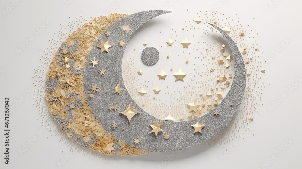 Poster a crescent with stars and a crescent with a moon on it. generative ai