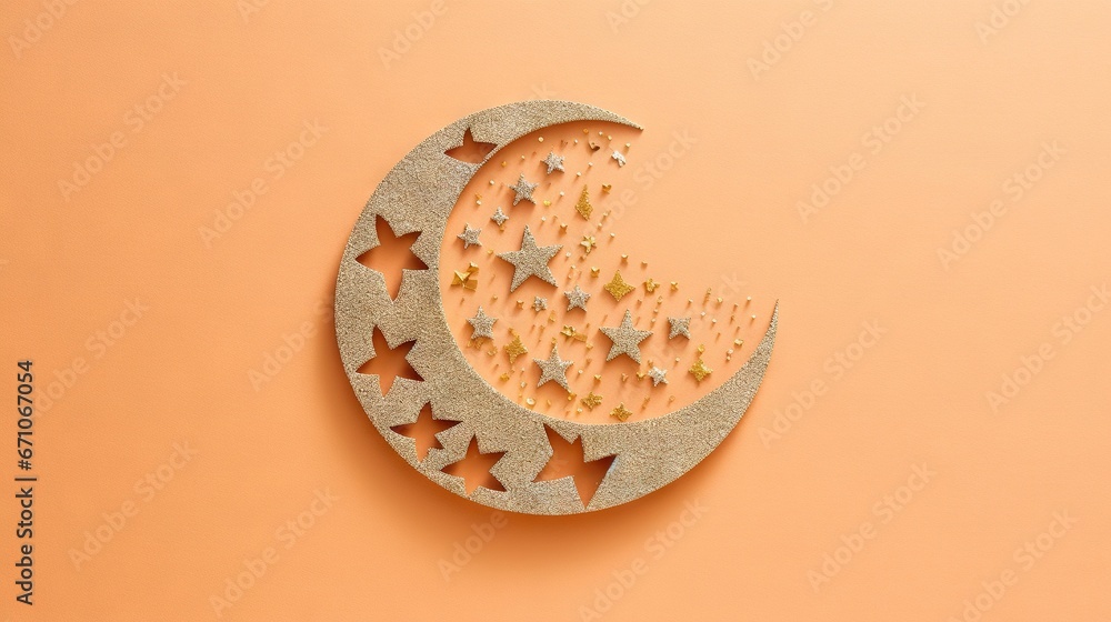 Poster a crescent shaped clock with stars on the side of it. generative ai