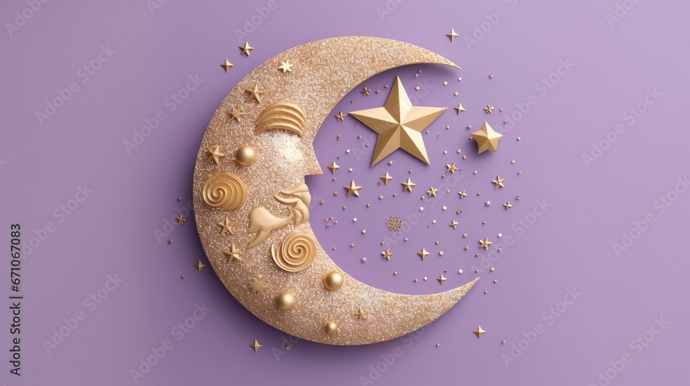 Poster a crescent with a star and swirls in the middle of it. generative ai