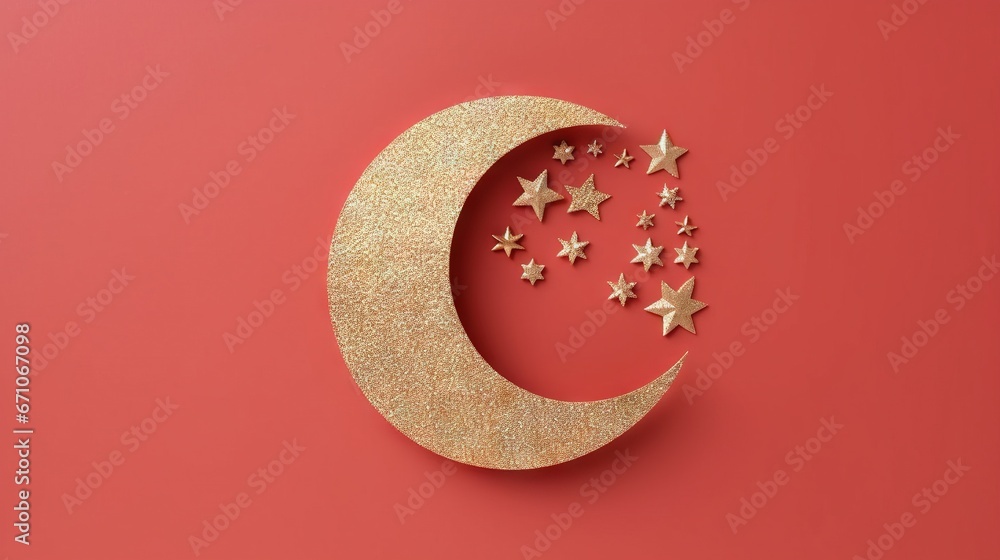 Poster a gold crescent with stars on a red background with a red background. generative ai