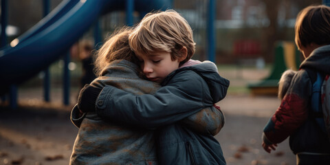 Sad school child being comforted by friend in playground. - obrazy, fototapety, plakaty