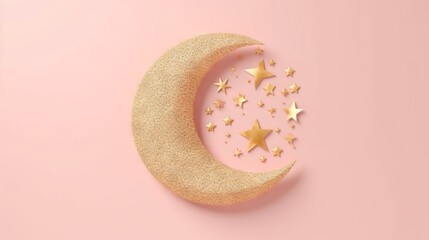 Fototapeta na wymiar a crescent moon with gold stars on a pale pink background. generative ai