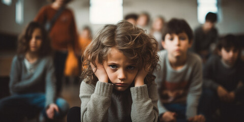 Bullying victim in school classroom looking very sad and troubled. - obrazy, fototapety, plakaty