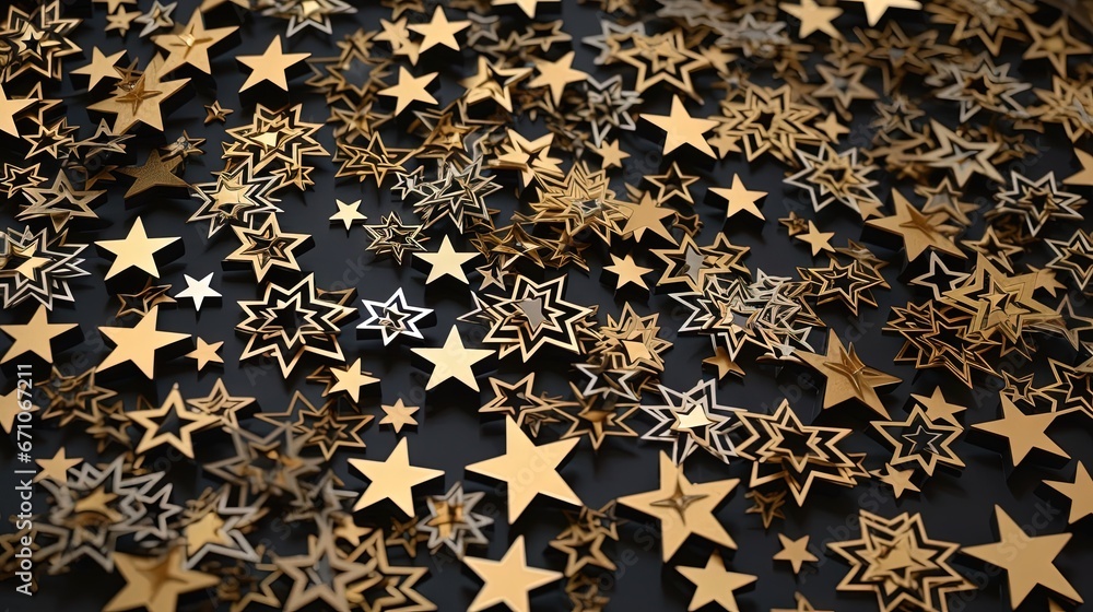 Poster a large group of gold stars on a black background with space for text. generative ai