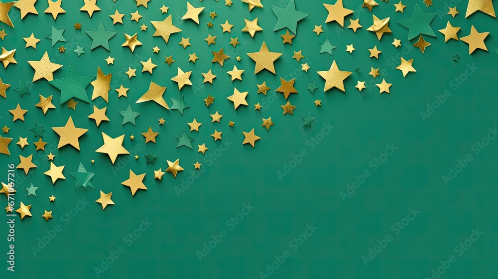 Poster a group of gold stars on a green background with space for text. generative ai