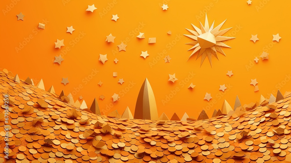 Aufkleber an orange background with stars and a clock on top of it. generative ai
