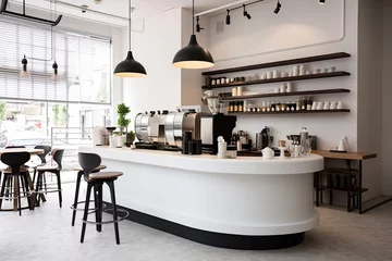 Tuinposter Minimal interior design of cafe or coffee cafe bar shop in clean minimalist style, decorated with warm tone, relaxing tones with glossy ivory white round corner counter and coffee machinery. © TANATPON