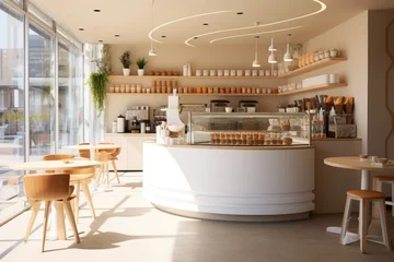 Fotobehang Minimal interior design of cafe or coffee cafe bar shop in clean minimalist style, decorated with warm tone, relaxing tones with glossy ivory white round corner counter and coffee machinery. © TANATPON