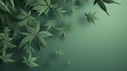  a green background with leaves flying in the air and a green wall.  generative ai