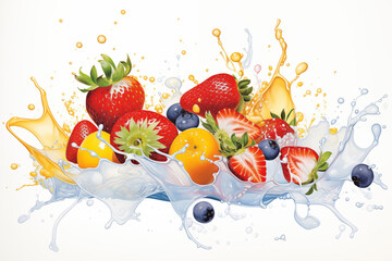 fruits falling into water in colorful watercolor art style