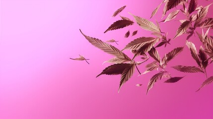  a pink background with a bunch of leaves flying in the air.  generative ai