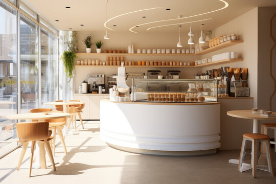Minimal interior design of cafe or coffee cafe bar shop in clean minimalist style, decorated with warm tone, relaxing tones with glossy ivory white round corner counter and coffee machinery.