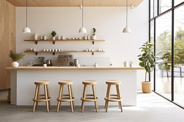 Minimal interior design of cafe or coffee cafe bar shop in clean minimalist style, decorated with warm tone, relaxing tones with glossy ivory white round corner counter and coffee machinery. - Powered by Adobe