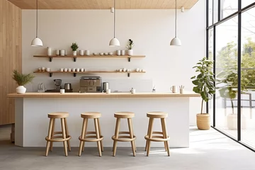 Raamstickers Minimal interior design of cafe or coffee cafe bar shop in clean minimalist style, decorated with warm tone, relaxing tones with glossy ivory white round corner counter and coffee machinery. © TANATPON