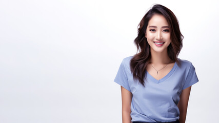 Fototapeta premium Asian woman wearing blue t-shirt isolated on gray background