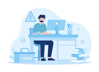 Mechanics work using computers concept flat illustration