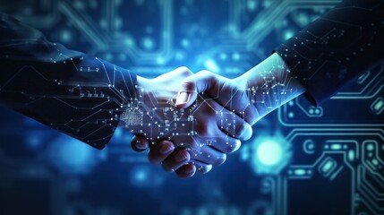 Digital handshake on blue technology background. Business partnership concept. - obrazy, fototapety, plakaty