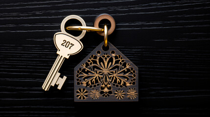 House key with keychain cottage on black background with stars, snowflakes, greeting card. Purchase, construction, relocation, mortgage