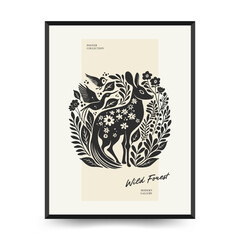 Abstract linocut floral posters template. Modern trendy Matisse minimal style. Black and white colors. Magic., girls and mystical. Hand drawn design for wallpaper, wall decor, print, postcard.