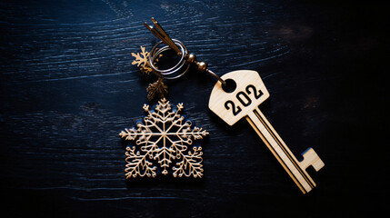 House key with keychain cottage on black background with stars, snowflakes, greeting card. Purchase, construction, relocation, mortgage