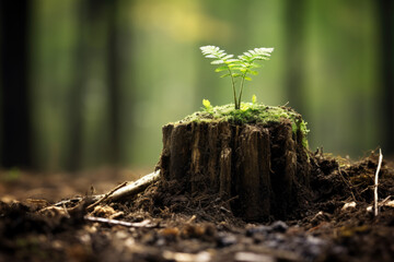 Young tree emerging from old tree stump. AI Generative