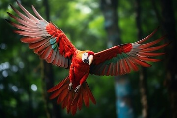 Red hybrid macaw parrot flying in forest with blurred green background. Created with generative AI - obrazy, fototapety, plakaty