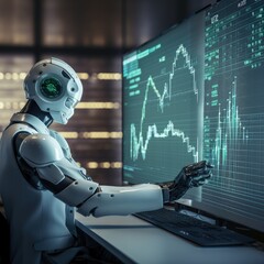 Concept image of a robot trading stock graphs on a screen.