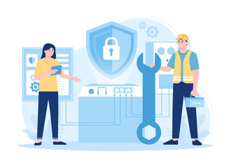 Person with wrench and lock box concept flat illustration