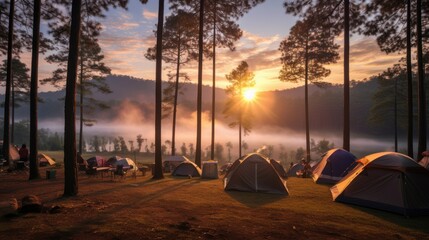 Camping and tenting under a pine forest at sunset in northern Thailand.