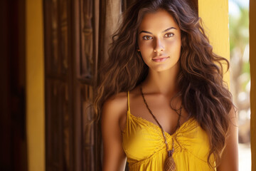 An Indian woman model wearing a yellow sundress in the village