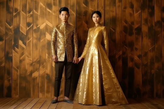 Full length two couple portrait of 20s asian woman man wear gold leaf foil and golden dress of national costume for