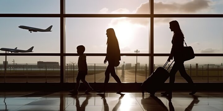 Silhouette of young family with luggage walking at airport, travel concept in  airport