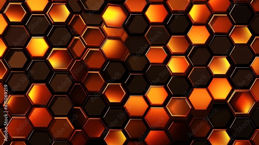 Poster an abstract background of hexagonals in orange and brown. generative ai