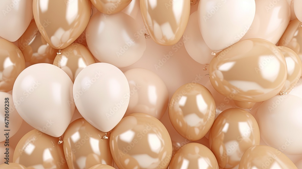 Poster a large group of balloons floating in the air with a light brown background. generative ai