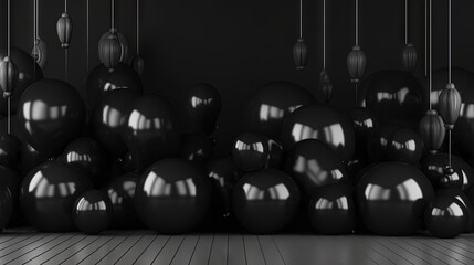  a room filled with lots of black balloons hanging from the ceiling.  generative ai