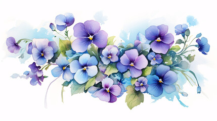 Fototapeta na wymiar Colorful Watercolor Violets in Blue and Purple, Perfect for Inviting Greeting Cards and Delicate Home Decor.