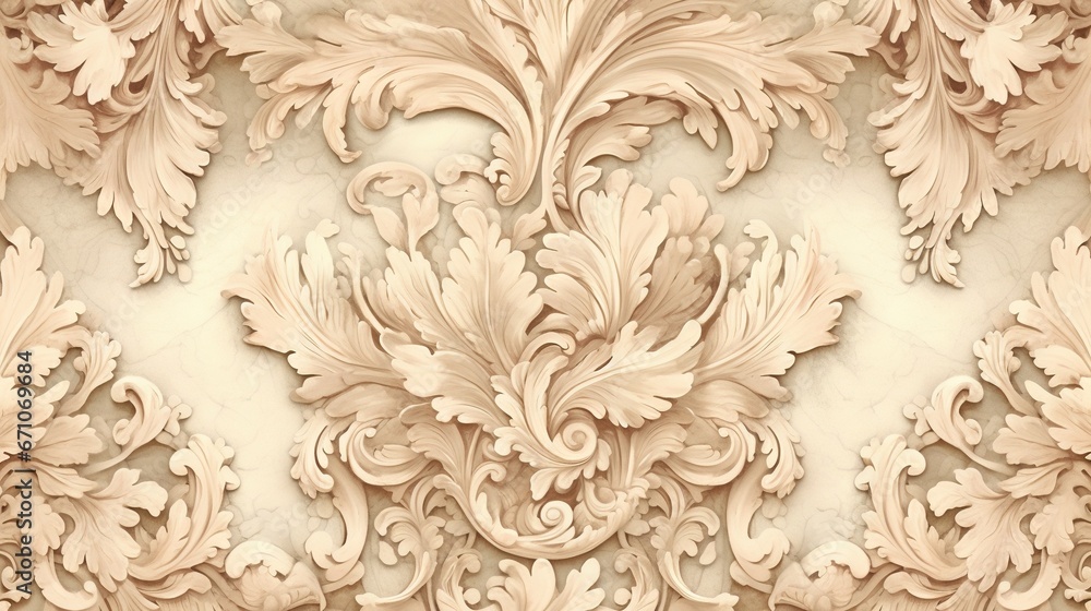 Poster a wall with a pattern of flowers and leaves on it. generative ai