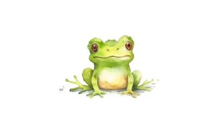  a green frog sitting on top of a white floor next to a white wall.  generative ai